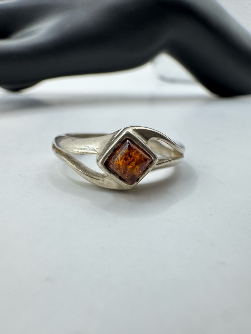 Sterling Silver Amber Square-Cut Ring Size 7